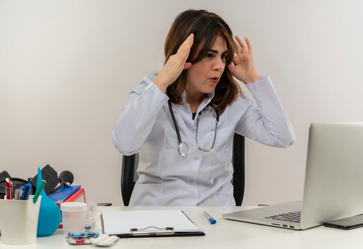 surprised-middle-aged-female-doctor-wearing-medical-robe-stethoscope-sitting-desk-with-medical-tools-clipboard-looking-laptop-touching-head-isolated_141793-69187